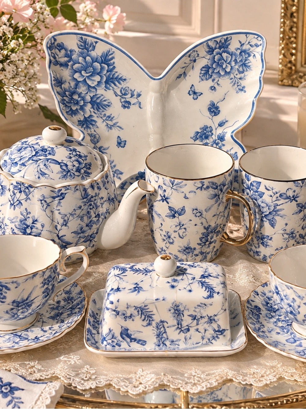Blue Floral Porcelain Tea Set - Elegant Home Dining Collection